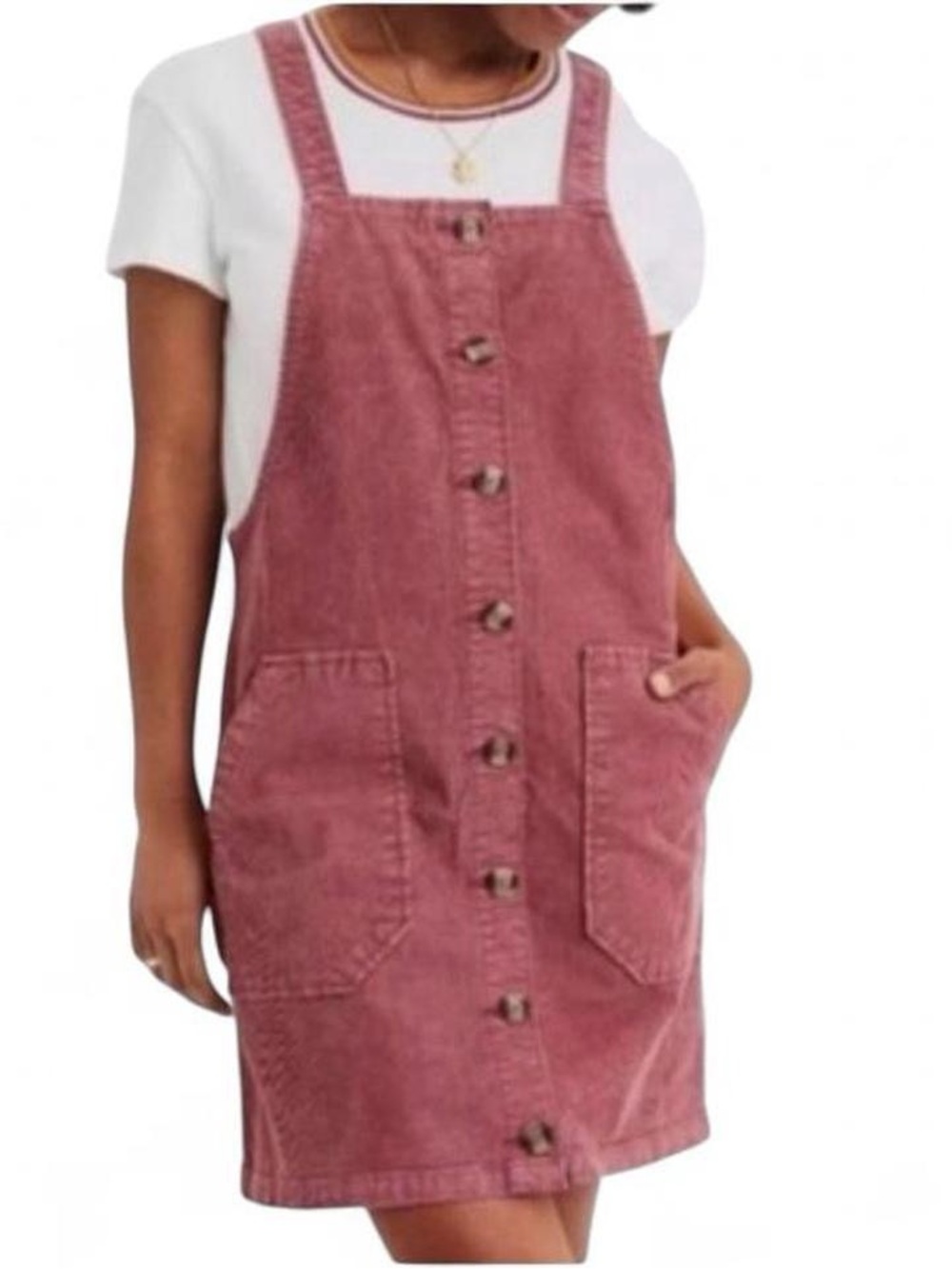 Pink Corduroy Button-Front Overall Mini Dress
